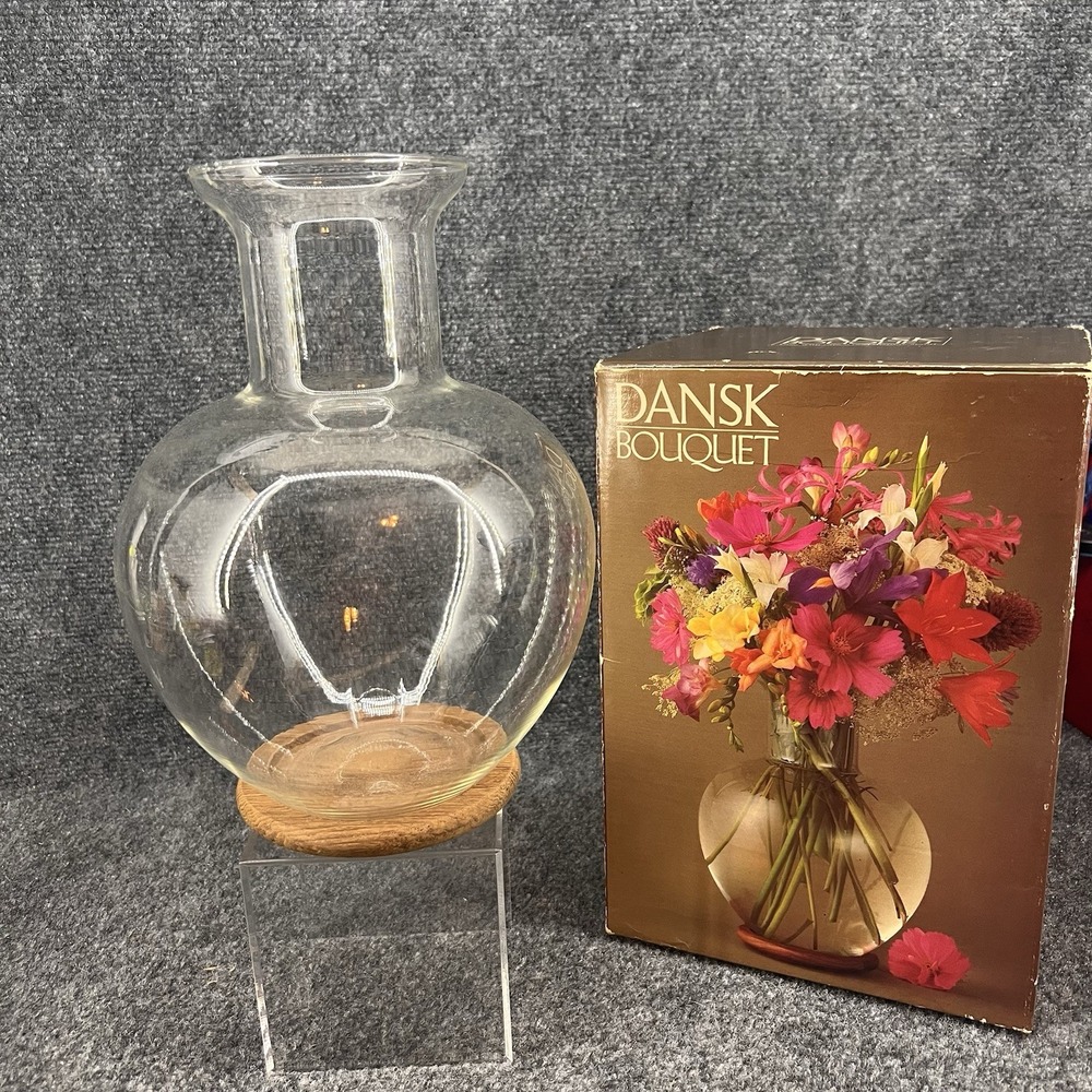 Vtg Dansk Bouquet Blown Glass Vase with Teak Base Original Box 10x7.75 MCM